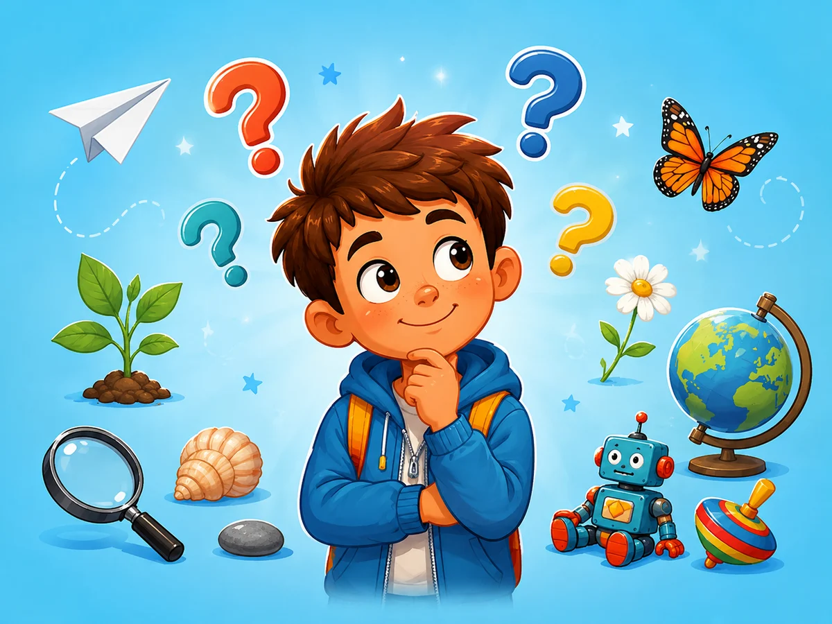 Un bambino curioso circondato da domande e scoperte