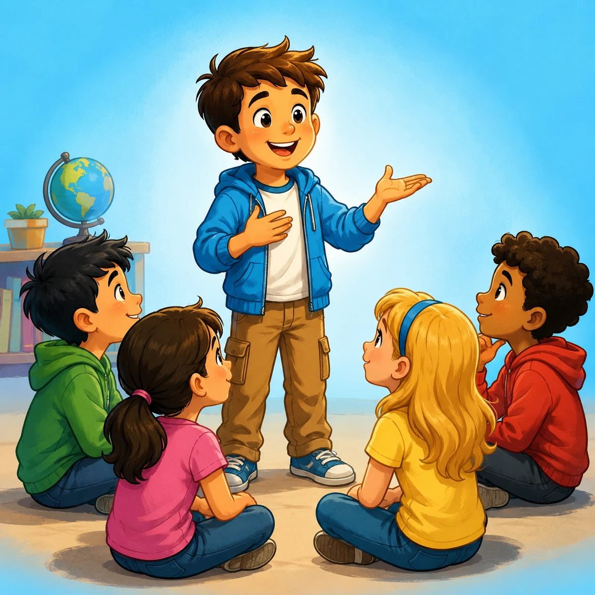 Un bambino che parla con sicurezza davanti ai suoi amici