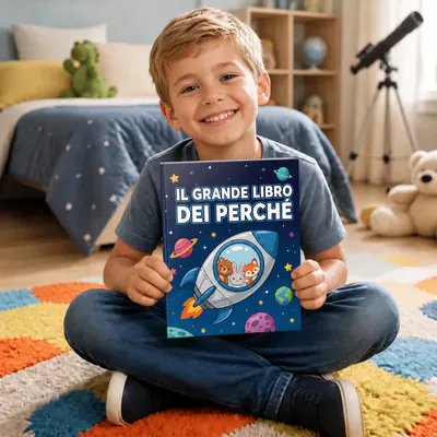 Leonardo, di Roma, Italia, seduto nella sua stanza con Il Grande Libro dei Perché