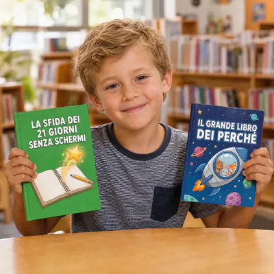 Riccardo, di Bari, Italia, in biblioteca con La Sfida dei 21 Giorni Senza Schermi e Il Grande Libro dei Perché