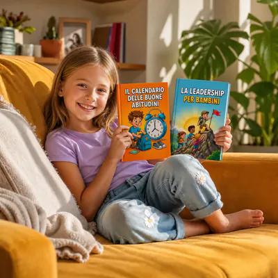 Martina, di Lugano, Svizzera, sul divano con Il Calendario delle Buone Abitudini e Leadership per Bambini