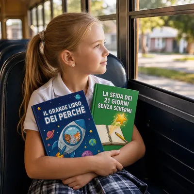Giulia, di Torino, Italia, sull'autobus con Il Grande Libro dei Perché e La Legge di Murphy per bambini