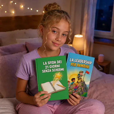 Tommaso, di Catania, Italia, nella sua stanza con La Sfida dei 21 Giorni Senza Schermi e Leadership per Bambini