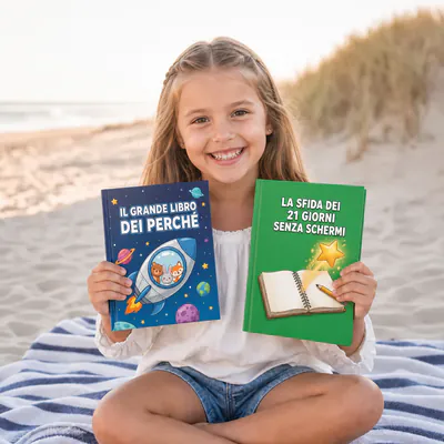 Alessandro, di Firenze, Italia, in spiaggia con Il Grande Libro dei Perché e La Sfida dei 21 Giorni Senza Schermi