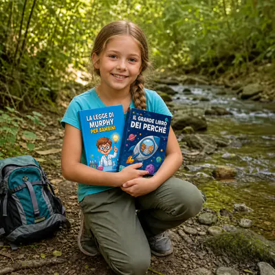 Gabriele, di Trieste, Italia, vicino al ruscello con La Legge di Murphy per bambini e Il Grande Libro dei Perché